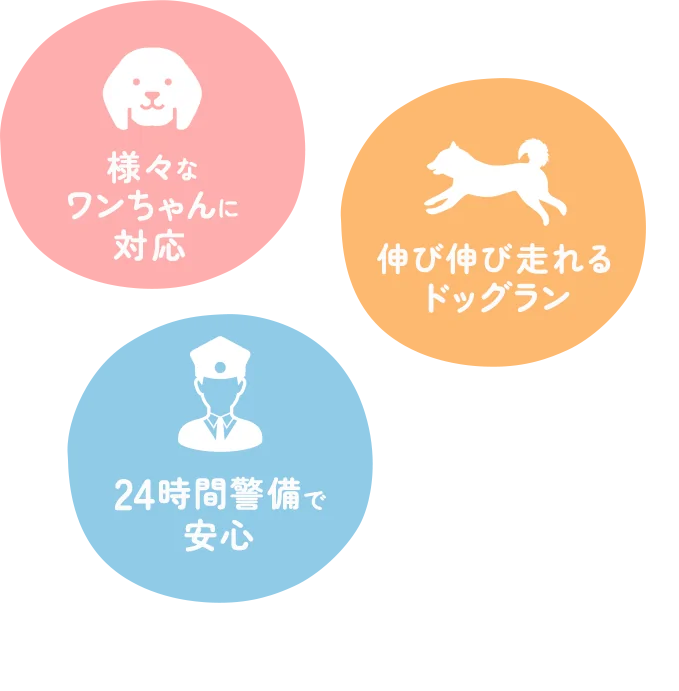 様々なワンちゃんに対応 伸び伸び走れるドッグラン 近隣地域は車で送迎 24時間警備で安心